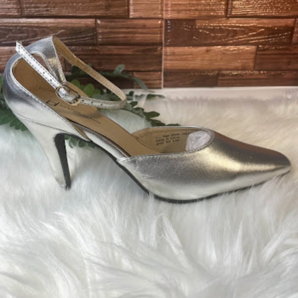 Like New Boston Design Studio Silver Closed Toe Heels | Ankle Strap Dress Pumps